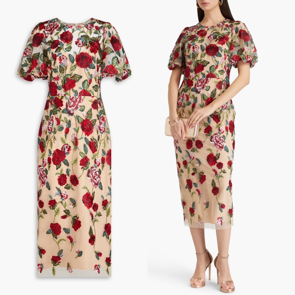 NEW Marchesa Notte Floral Embroidered Puff-Sleeve Midi-Dress‎ $795 - Size 6